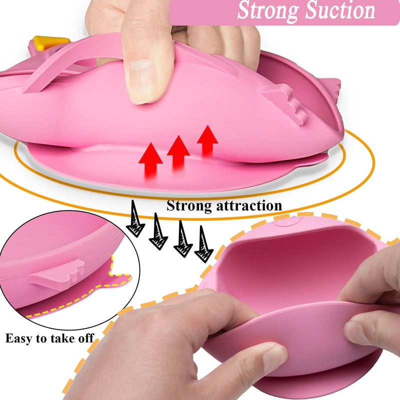 NICINGU Silicone Baby Feeding Set,Baby Led Weaning Supplies Baby Silicone Suction plate and bowl set,Toddler Self Feeding Dish with Spoons Forks Sippy Cup And Adjustable Bib for 6+ Months-Pink - Image 2